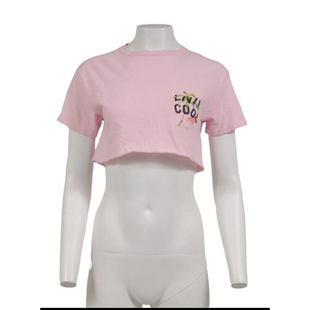 Livin Cool Womens The Webster Crop Top Small Pink Raw Hem Floral Palm Tree Shirt